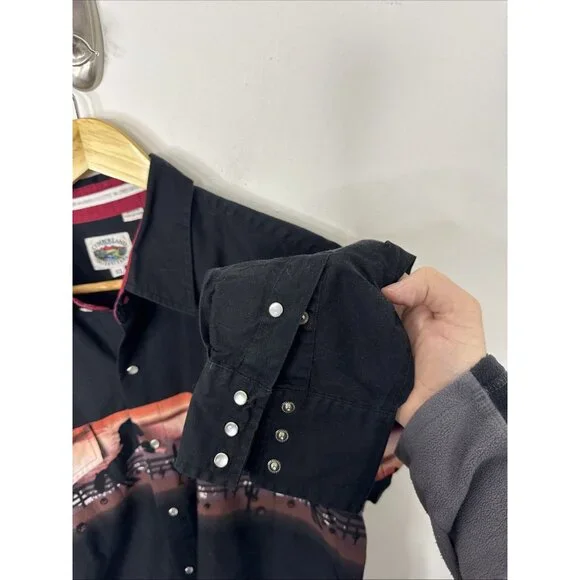 Cumberland Men XL Pearl Snap Long Sleeve Shirt Black Horse Western - Picture 2 of 4